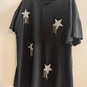 Black Star Embellished Tee with Silver Fringe